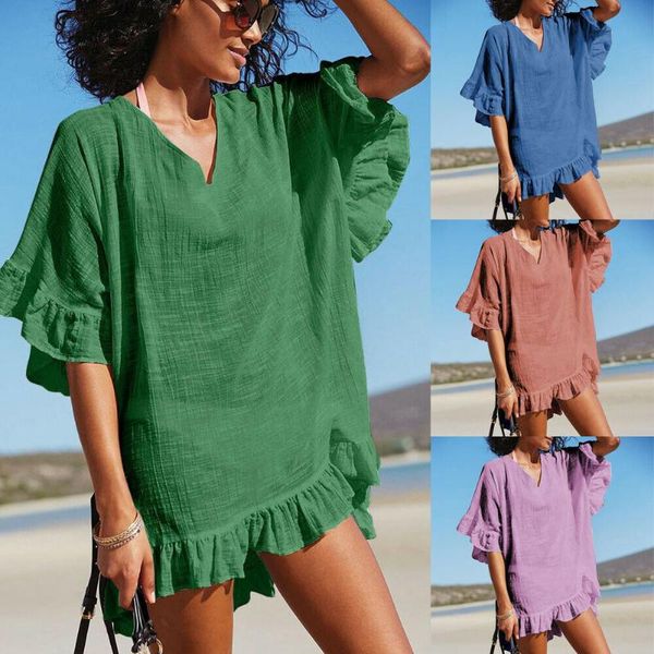 women beachwear swimwear ruffle bikini cover up summer casual solid boho v-neck elegant dresses women's, White;black
women beachwear swimwear ruffle bikini cover up summer casual solid boho v-neck elegant dresses women's, White;black