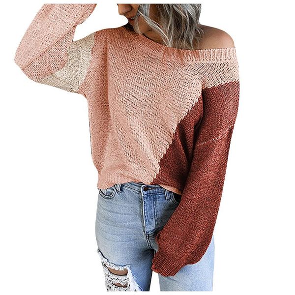 women's t-shirt patchwork knitted sweater o-neck one off shoulder long sleeve color block sweaters female autumn irregular coat, White 
women's t-shirt patchwork knitted sweater o-neck one off shoulder long sleeve color block sweaters female autumn irregular coat, White