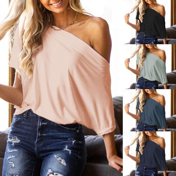 women's t-shirt fashion summer ladies short-sleeved solid off shoulder loose t-shirts one-way collar casual shirt, White
women's t-shirt fashion summer ladies short-sleeved solid off shoulder loose t-shirts one-way collar casual shirt, White