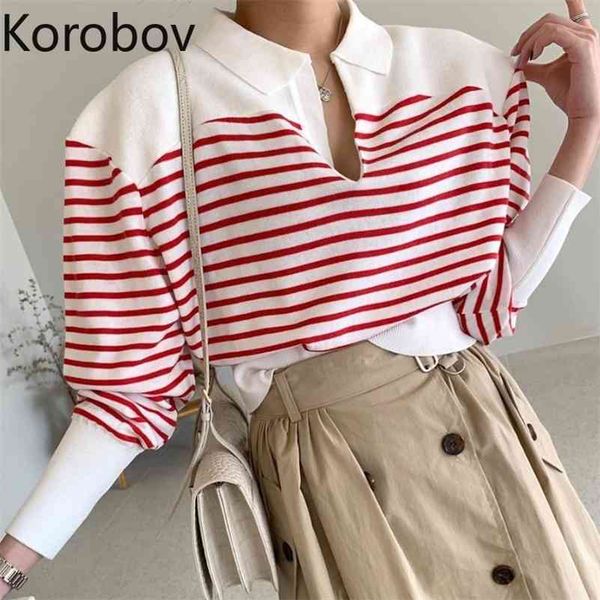 korobov autumn winter new chic women sweaters korean hit color patchwork striped sweater vintage turn-down collar pullovers 210430, White;black
korobov autumn winter new chic women sweaters korean hit color patchwork striped sweater vintage turn-down collar pullovers 210430, White;black
