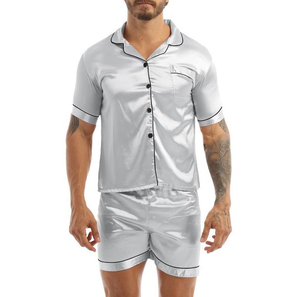 men's sleepwear men homewear silky satin pajamas set solid color short sleeves button t-shirt with elastic waistband boxer shorts, Black;brown
men's sleepwear men homewear silky satin pajamas set solid color short sleeves button t-shirt with elastic waistband boxer shorts, Black;brown
