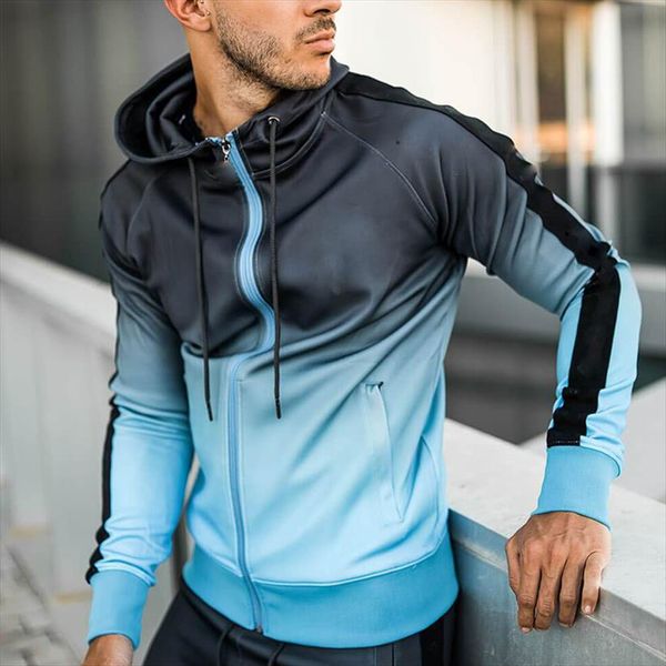 color matching european version mens tracksuits foreign trade sports fitness cardigan elastic hooded gradient suit direct supply, Gray
color matching european version mens tracksuits foreign trade sports fitness cardigan elastic hooded gradient suit direct supply, Gray