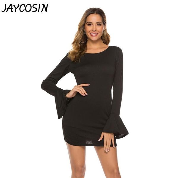 women dress long flare sleeve solid color backless round neck mini autumn winter dresses vestido a1 casual, Black;gray
women dress long flare sleeve solid color backless round neck mini autumn winter dresses vestido a1 casual, Black;gray