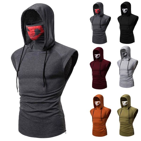 men' tank sleeveless fitness hooded casual cotton slim fit ninja t-shirt with skull mask, White;black
men' tank sleeveless fitness hooded casual cotton slim fit ninja t-shirt with skull mask, White;black