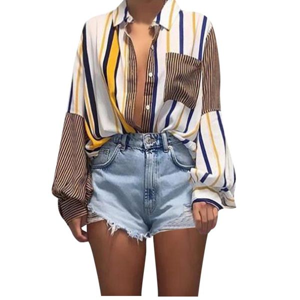 women's t-shirt casual striped print t shirt turn-down collar long lantern sleeve fashion patchwork women loose t-shirts blusa feminina, White
women's t-shirt casual striped print t shirt turn-down collar long lantern sleeve fashion patchwork women loose t-shirts blusa feminina, White
