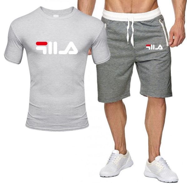 fashion men's tracksuits summer short sleeve t-shirt + shorts set letter print men, Gray