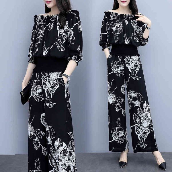 three quarter sleeve elastic slash neck and wide leg full pants floral print elegant vintage summer women sets 201007, White
three quarter sleeve elastic slash neck and wide leg full pants floral print elegant vintage summer women sets 201007, White