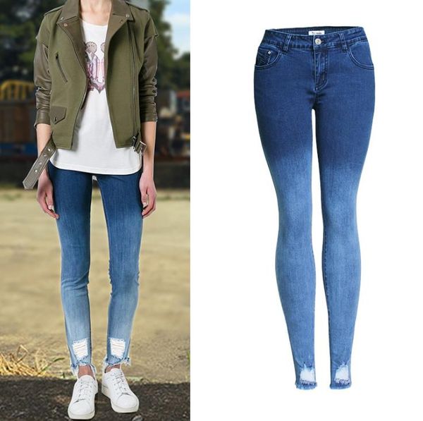 european and american women's autumn style jeans slim elastic wear torn holes gradient color thin feet pants female pencil, Blue
european and american women's autumn style jeans slim elastic wear torn holes gradient color thin feet pants female pencil, Blue