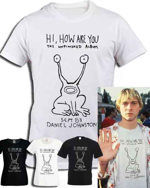 t-shirt kurt cobain hi, how are you daniel johnston grunge man woman shirt, White;black
t-shirt kurt cobain hi, how are you daniel johnston grunge man woman shirt, White;black