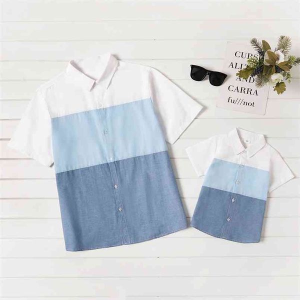 summer white and blue splice button front short sleeve shirts for daddy me 210528
summer white and blue splice button front short sleeve shirts for daddy me 210528