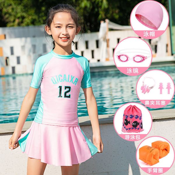 big children's split skirt better girls' spring bathing short sleeve student's anti ultraviolet swimming suit 202, White;black
big children's split skirt better girls' spring bathing short sleeve student's anti ultraviolet swimming suit 202, White;black
