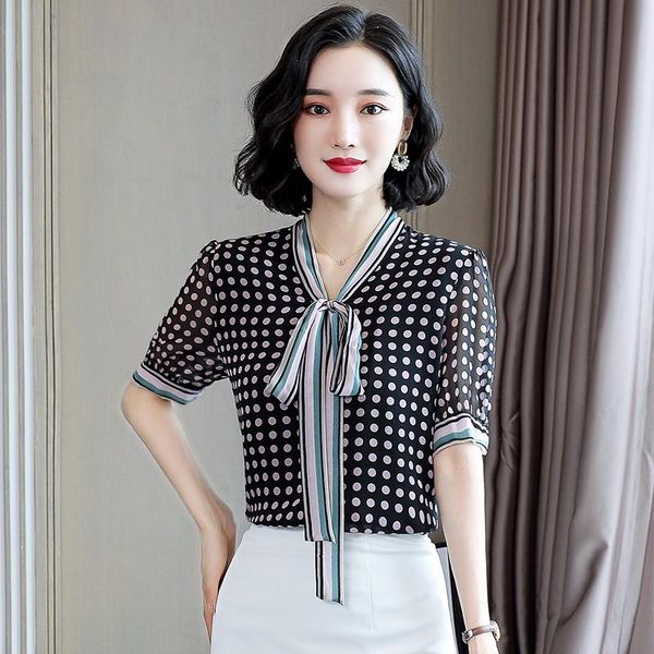 women's blouses & shirts elegant silk chiffon blouse women tie-neck dot prints short sleeve lady business wear female 2021 summer, White
women's blouses & shirts elegant silk chiffon blouse women tie-neck dot prints short sleeve lady business wear female 2021 summer, White