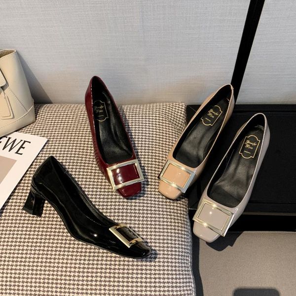 single shoes women's middle heel square head thick working patent leather buckle high dress, Black
single shoes women's middle heel square head thick working patent leather buckle high dress, Black