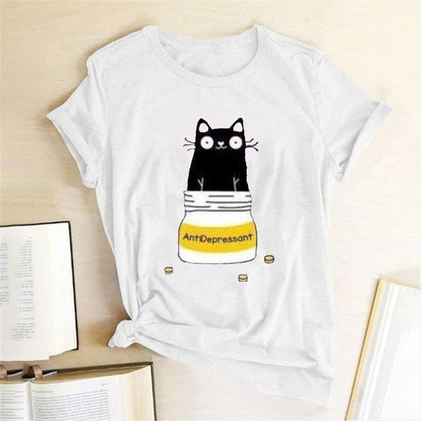 cat bottle antdepressant print summer womens t shirts graphic tee casual harajuku clothes round neck for ladies, White
cat bottle antdepressant print summer womens t shirts graphic tee casual harajuku clothes round neck for ladies, White
