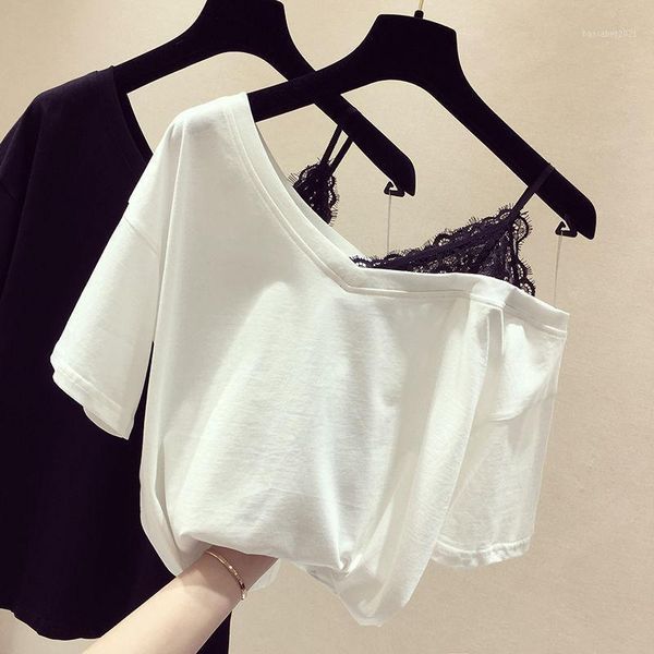 women's t-shirt lace fake two-piece female summer 2021 korean version loose strapless short-sleeved women tshirt top, White
women's t-shirt lace fake two-piece female summer 2021 korean version loose strapless short-sleeved women tshirt top, White