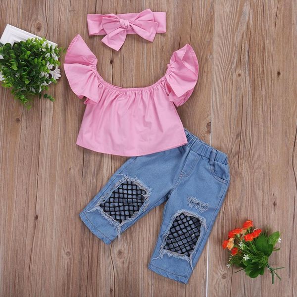 3pcs set toddler kids girl clothing fashion off shoulder pink t shirt hole net jean denim pant headband outfit, White
3pcs set toddler kids girl clothing fashion off shoulder pink t shirt hole net jean denim pant headband outfit, White