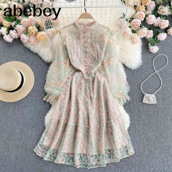 design french lace dress women stand collar long sleeve elegant a-line es spring fashion streetwear midi 210512, Black;gray
design french lace dress women stand collar long sleeve elegant a-line es spring fashion streetwear midi 210512, Black;gray
