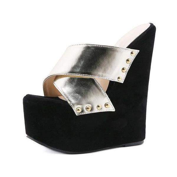sandals fish's mouth high heels wedges color blocking rivet women open toe gold cross strap waterproof street shoes plus size, Black
sandals fish's mouth high heels wedges color blocking rivet women open toe gold cross strap waterproof street shoes plus size, Black