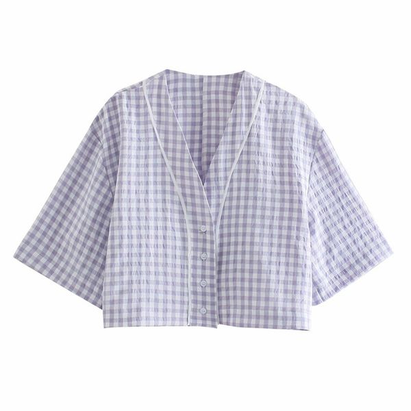 sweet women v neck blue white blouse spring-autumn fashion ladies college style shirt female plaid short 210515
sweet women v neck blue white blouse spring-autumn fashion ladies college style shirt female plaid short 210515