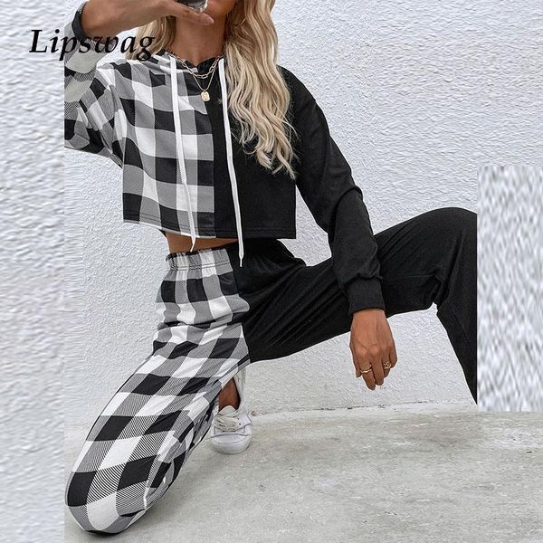 women's two piece pants casual women plaid hoodie sets cropped drawstring and elastic high waist pant sut 2021 autumn streetwear tracks, White
women's two piece pants casual women plaid hoodie sets cropped drawstring and elastic high waist pant sut 2021 autumn streetwear tracks, White