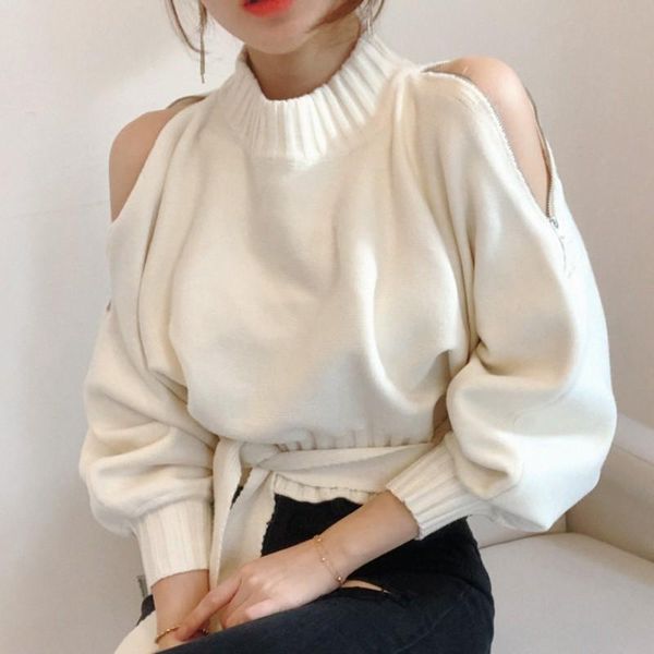 women's sweaters korean chic knitted pullovers solid color long sleeve off shoulder elegant bandage women slim waist 3d247, White;black
women's sweaters korean chic knitted pullovers solid color long sleeve off shoulder elegant bandage women slim waist 3d247, White;black