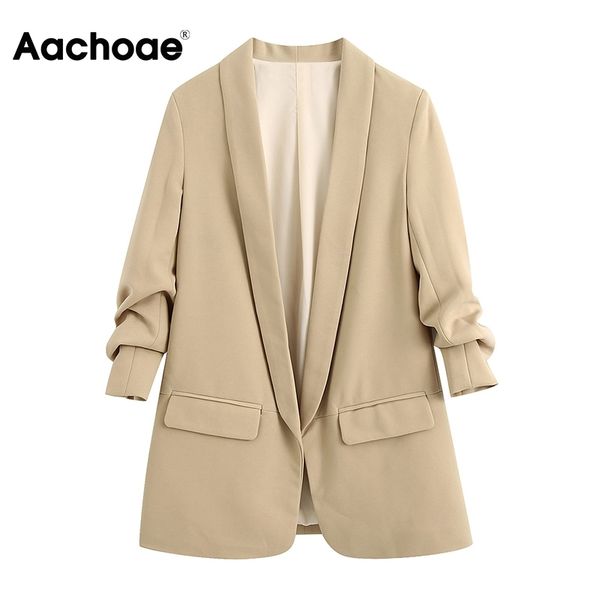 aachoae casual solid blazer women outerwear shawl collar pockets office coat lady three quarter sleeve elegant blazer feminino 210413, White;black