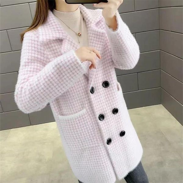 women's wool & blends faux mink cashmere woolen coat women mid long cardigan outerwear korean winter thick loose houndstooth jacket fem, Black
women's wool & blends faux mink cashmere woolen coat women mid long cardigan outerwear korean winter thick loose houndstooth jacket fem, Black