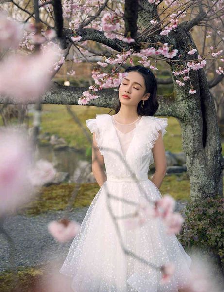 a line summer polka-dot gown lace women v neck butterfly sleeve ruffles layer white tulle mesh wedding party, White;black
a line summer polka-dot gown lace women v neck butterfly sleeve ruffles layer white tulle mesh wedding party, White;black