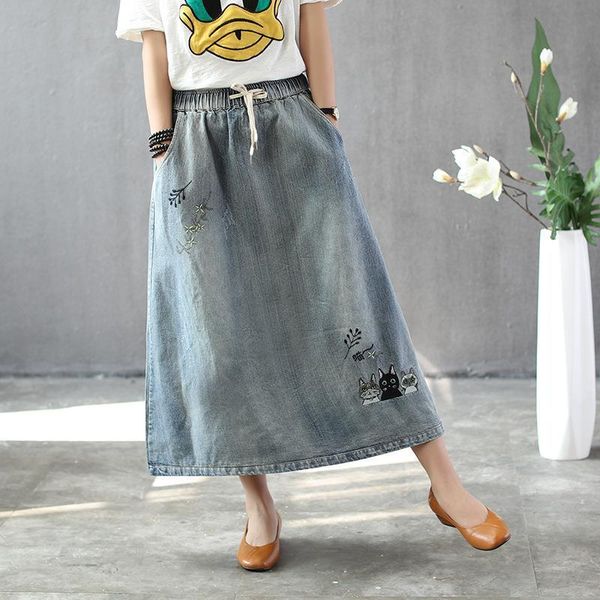 ripped vintage long denim women skirts plus size cartoon embroidery elastic high waist elegant casual female maxi jeans, Black
ripped vintage long denim women skirts plus size cartoon embroidery elastic high waist elegant casual female maxi jeans, Black