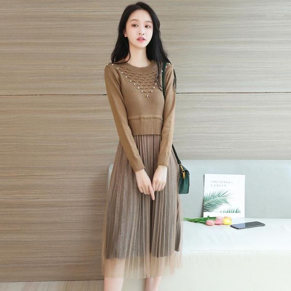 casual dresses 2021 autumn winter women slim base dress mesh patchwork pleated hem beading knitted sweater, Black;gray
casual dresses 2021 autumn winter women slim base dress mesh patchwork pleated hem beading knitted sweater, Black;gray