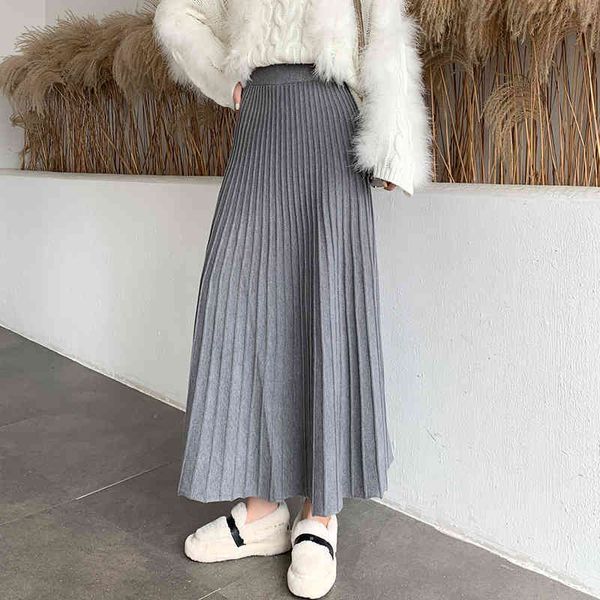 winter thickened rib knitted large swing maxi long elegant solid a-line pleated ankle length knit skirts cofbeige 210323, Black