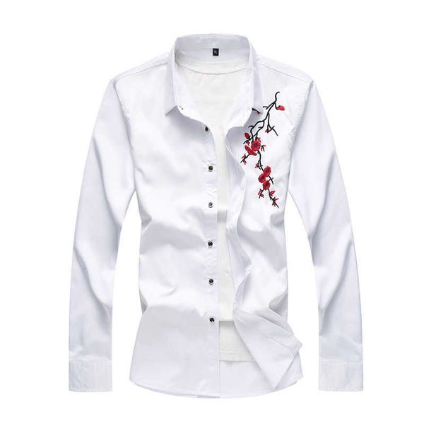 fashion white dress shirts clothing casual men shirt slim fit embroidered floral long sleeve shirts 4xl 5xl 6xl 7xl 210528, White;black