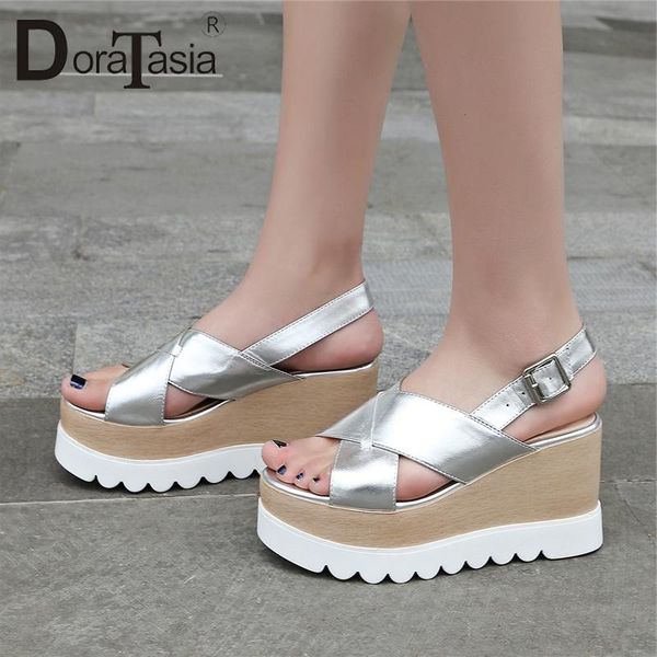 DoraTasia 2021 Summer Women Thick Platform Sandals Patent Genuine Leather Girl Fashion Shoes Woman Wedges Footwear, Black