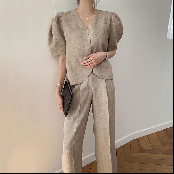 korean vintage two piece women tracksuits set summer clothes puff sleeve single breasted loose blouses wide leg long pants, Gray
korean vintage two piece women tracksuits set summer clothes puff sleeve single breasted loose blouses wide leg long pants, Gray