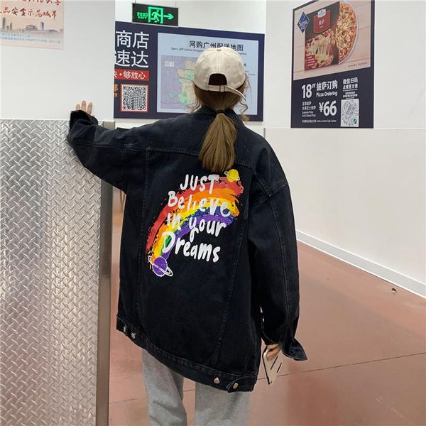 women's jackets autumn korean casual rainbow print loose denim jacket women, Black;brown
women's jackets autumn korean casual rainbow print loose denim jacket women, Black;brown