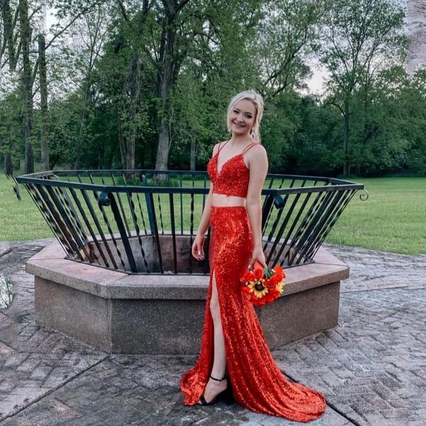 two pieces red sequins prom dresses spaghetti straps lace up maidof honor dress long side split bride party evening vestidos, Black
two pieces red sequins prom dresses spaghetti straps lace up maidof honor dress long side split bride party evening vestidos, Black