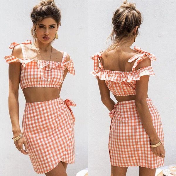 fashion women 2 piece set bodycon skirt crop off shoulder plaid tank summer two bandge women's pants, White
fashion women 2 piece set bodycon skirt crop off shoulder plaid tank summer two bandge women's pants, White
