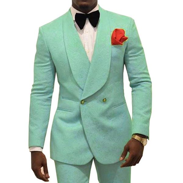 double breasted prom men suits 2 piece mint green floral jacquard groom tuxedo for wedding custom slim fit man fashon costume men's & b, White;black 
double breasted prom men suits 2 piece mint green floral jacquard groom tuxedo for wedding custom slim fit man fashon costume men's & b, White;black