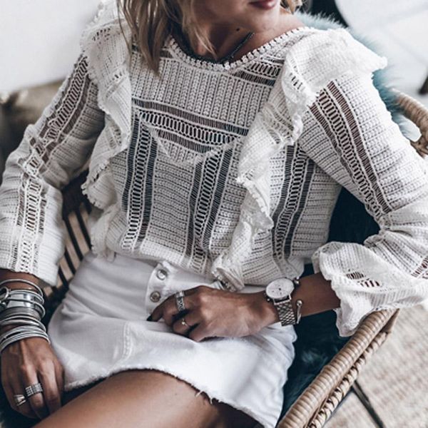 women's blouses & shirts elegant lace see through hollow out fashion women autumn long sleeve female embroidery o-neck ruffle blouse, White
women's blouses & shirts elegant lace see through hollow out fashion women autumn long sleeve female embroidery o-neck ruffle blouse, White