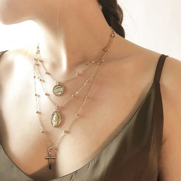 new geometric shape metal cross copper bead round piece multi-layer necklace female, Silver
new geometric shape metal cross copper bead round piece multi-layer necklace female, Silver