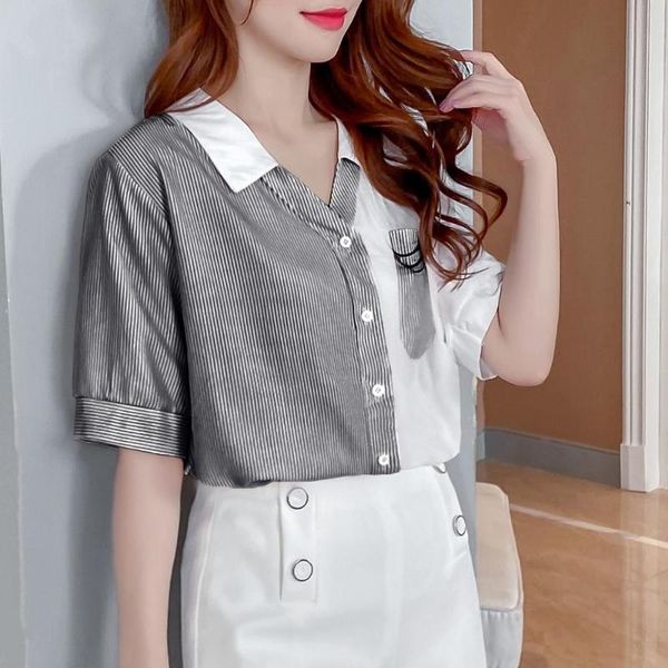 women's blouses & shirts 2021 summer vintage office lady shirt blouse women stripe splicing short sleeve casual turn-down collar femal, White
women's blouses & shirts 2021 summer vintage office lady shirt blouse women stripe splicing short sleeve casual turn-down collar femal, White