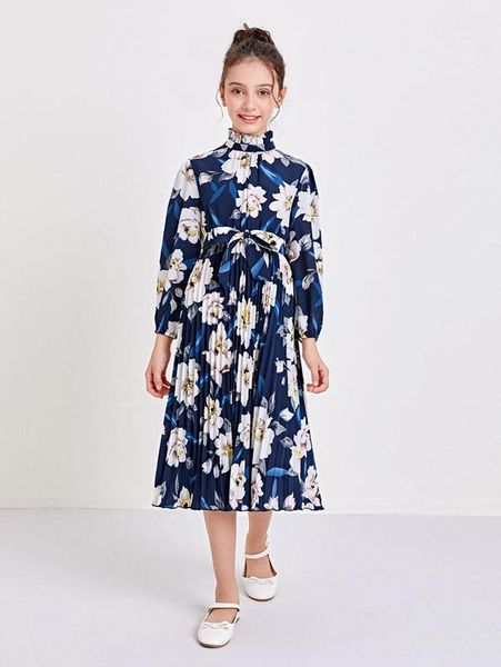 girls frill neck self belted floral print pleated dress she, Red;yellow 
girls frill neck self belted floral print pleated dress she, Red;yellow