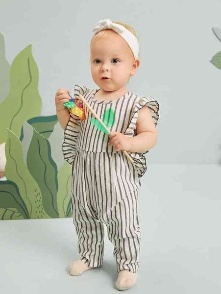baby striped ruffle trim jumpsuit without headband she, Blue 
baby striped ruffle trim jumpsuit without headband she, Blue