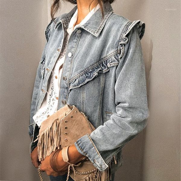 women's jackets autumn ruffle denim jacket for women casual pocket winter femme overcoat long sleeve single breasted chic jean coat, Black;brown
women's jackets autumn ruffle denim jacket for women casual pocket winter femme overcoat long sleeve single breasted chic jean coat, Black;brown