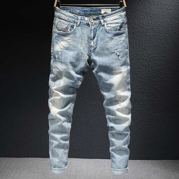 men's jeans ly korean fashion elastic cotton ripped retro light blue patchwork designer slim denim pants olio
men's jeans ly korean fashion elastic cotton ripped retro light blue patchwork designer slim denim pants olio
