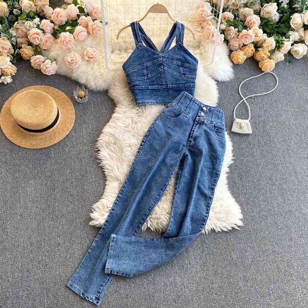 women's sweaters fashion off-shoulder sling denim vest with long pants women's high-waist slim-fit straight jeans two-pie, White;black
women's sweaters fashion off-shoulder sling denim vest with long pants women's high-waist slim-fit straight jeans two-pie, White;black