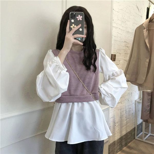 women's blouses & shirts 2021 spring autumn blouse female temperament sweet fake two-piece vest blusa puff sleeve shirt c638, White
women's blouses & shirts 2021 spring autumn blouse female temperament sweet fake two-piece vest blusa puff sleeve shirt c638, White