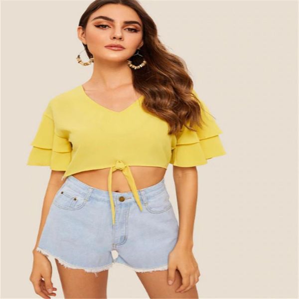 women's t-shirt summer women solid color loose crop ladies short sleeve v neck bandage yellow ruffled open umbilical tee, White
women's t-shirt summer women solid color loose crop ladies short sleeve v neck bandage yellow ruffled open umbilical tee, White