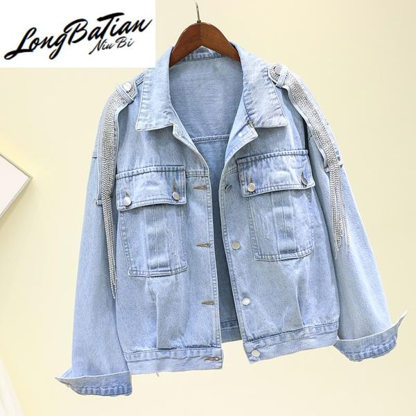women's jackets 2021 spring long sleeve tassel diamonds jeans plus size loose vintage blue denim jacket feminino casual outerwear coats, Black;brown
women's jackets 2021 spring long sleeve tassel diamonds jeans plus size loose vintage blue denim jacket feminino casual outerwear coats, Black;brown
