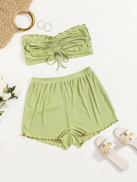 plus drawstring front crop tube with shorts pj set 91ve#, Black;white 
plus drawstring front crop tube with shorts pj set 91ve#, Black;white